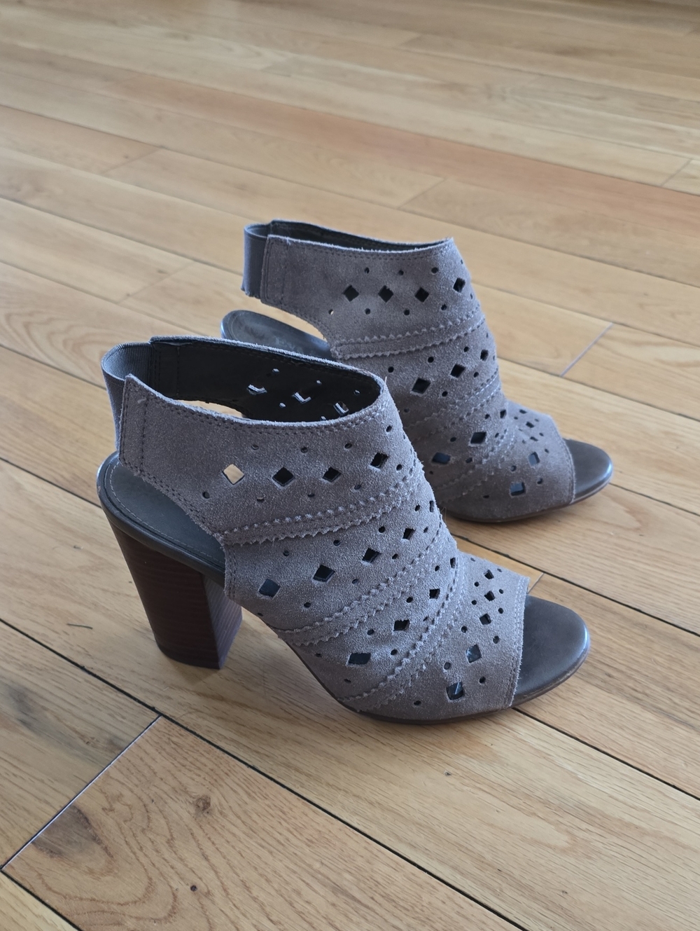 Women's Taupe Cutout Suede Block Heel Sandals